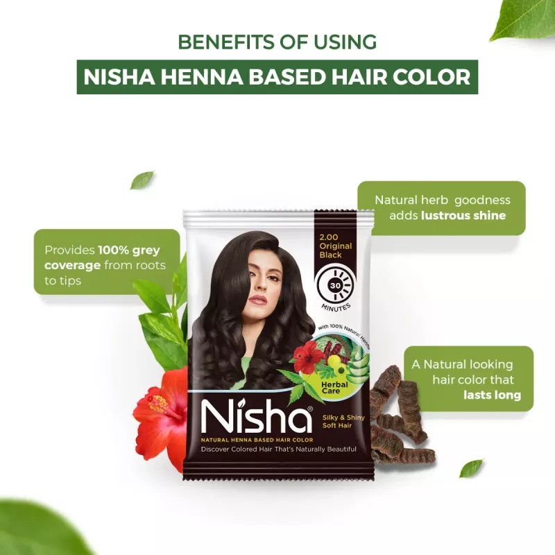 Nisha Henna Based Hair Color Natural Black Powder 2.00 (25g, Pack of 10)