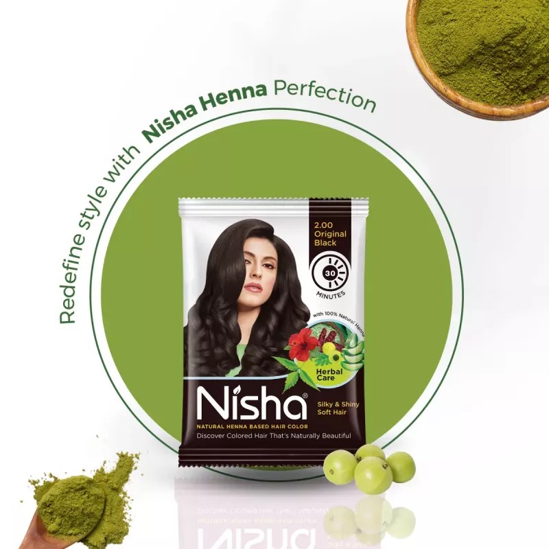 Nisha Henna Based Hair Color Natural Black Powder 2.00 (25g, Pack of 10)