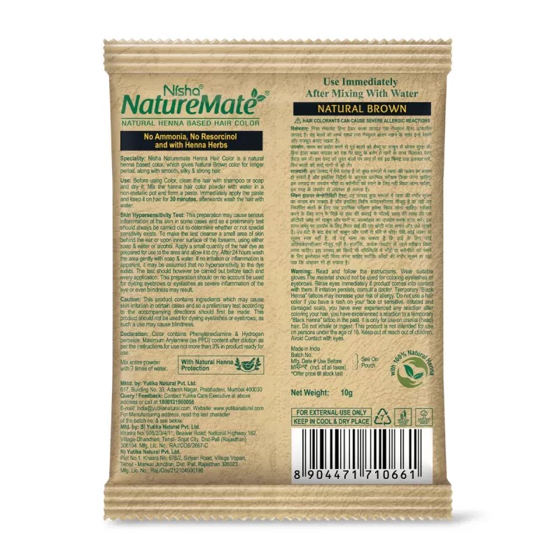 Nisha Nature Mate Henna Based Hair Colour #400 Natural Brown (10g, Pack of 10)