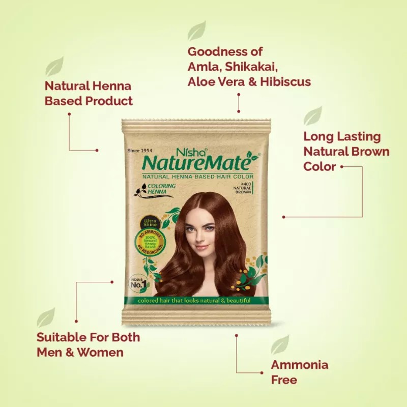Nisha Nature Mate Henna Based Hair Colour #400 Natural Brown (10g, Pack of 10)