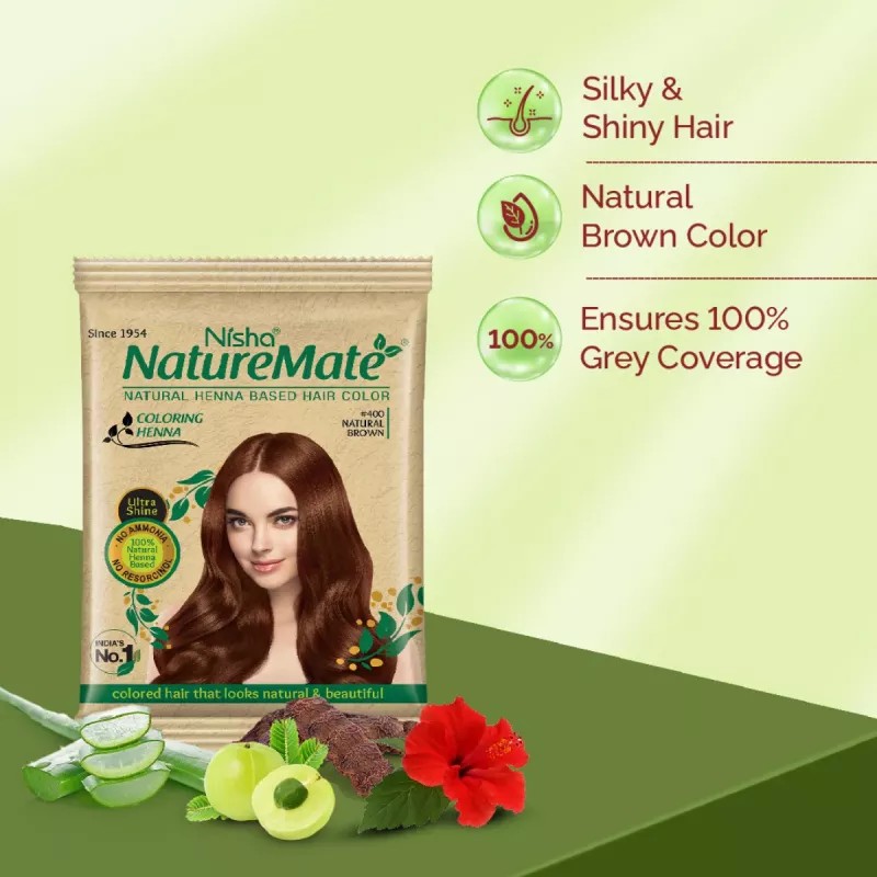 Nisha Nature Mate Henna Based Hair Colour #400 Natural Brown (10g, Pack of 10)