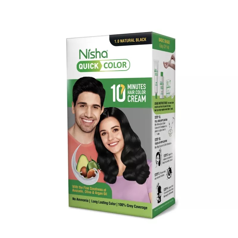 Nisha Quick Color 10 Minutes Creme Hair Colour 1.0 Natural Black (Developer 60g + Colorant 60ml) (120g)