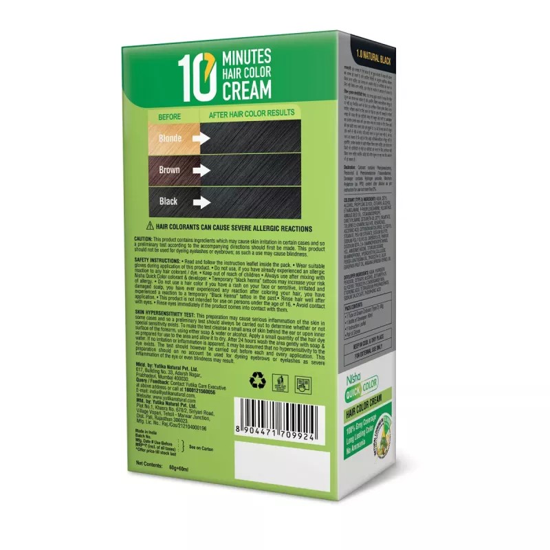 Nisha Quick Color 10 Minutes Creme Hair Colour 1.0 Natural Black (Developer 60g + Colorant 60ml) (120g)