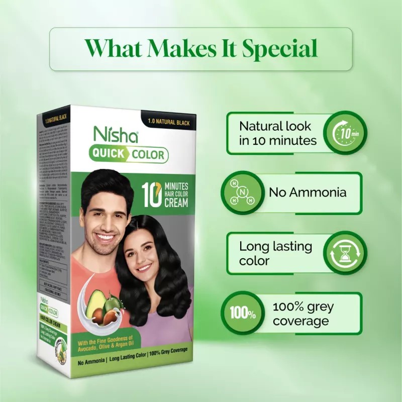 Nisha Quick Color 10 Minutes Creme Hair Colour 1.0 Natural Black (Developer 60g + Colorant 60ml) (120g)