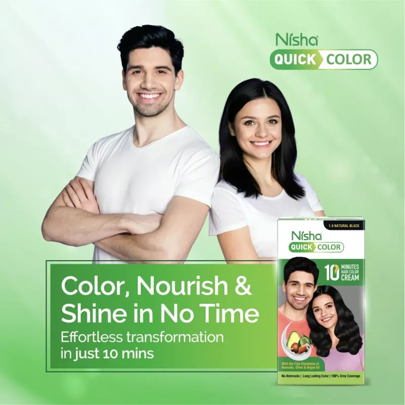 Nisha Quick Color 10 Minutes Creme Hair Colour 1.0 Natural Black (Developer 60g + Colorant 60ml) (120g)