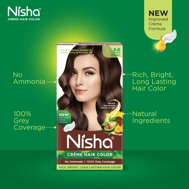 Nisha Creme Hair Color 3.0 Dark Brown (Colorant 30ml + Developer 30g) (1Pack)