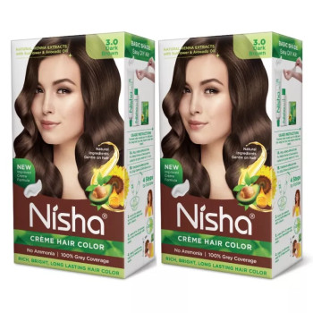 Nisha Creme Hair Color 3.0 Dark Brown (Colorant 30ml + Developer 30g) (1Pack, Pack of 2)