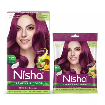 Nisha Creme Hair Color Combo Pack Wine Burgundy (120g Box, Colorant 60ml + Developer 60g ) + (40g Pouch, Colorant 20ml + Developer 20g) (1Pack)