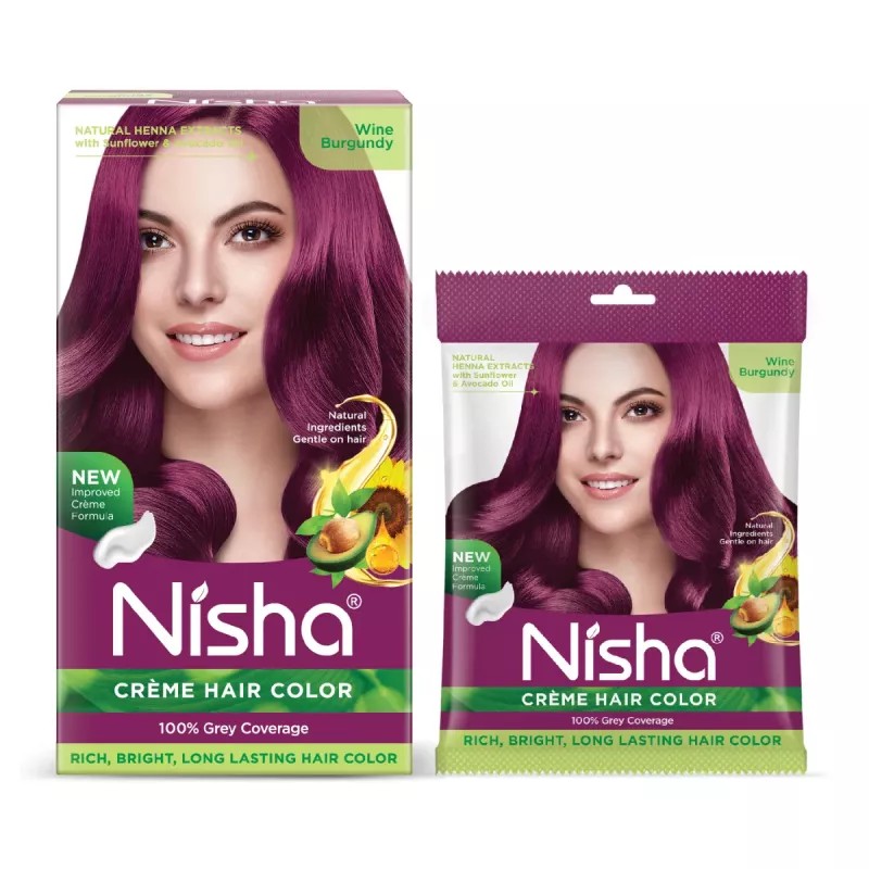 Nisha Creme Hair Color Combo Pack Wine Burgundy (120g Box, Colorant 60ml + Developer 60g ) + (40g Pouch, Colorant 20ml + Developer 20g) (1Pack)