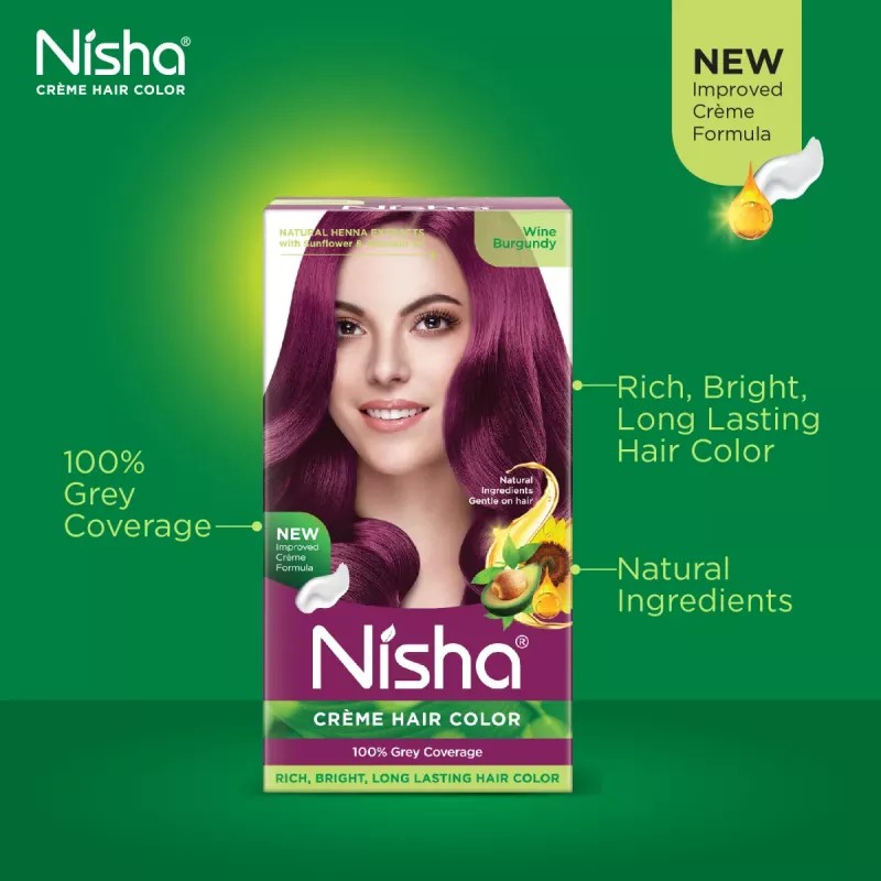 Nisha Creme Hair Color Combo Pack Wine Burgundy (120g Box, Colorant 60ml + Developer 60g ) + (40g Pouch, Colorant 20ml + Developer 20g) (1Pack)