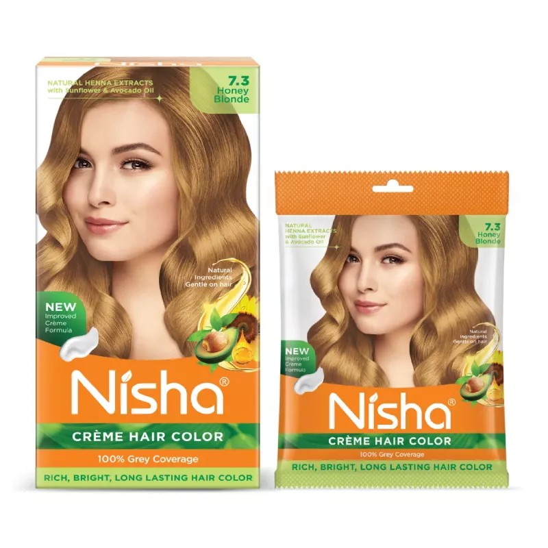 Nisha Creme Hair Color Combo Pack 7.3 Honey Blonde (150g Box, Colorant 90ml + Developer 60g + 6ml Conditioner) + (40g Pouch, Colorant 20ml + Developer 20g) (1Pack)