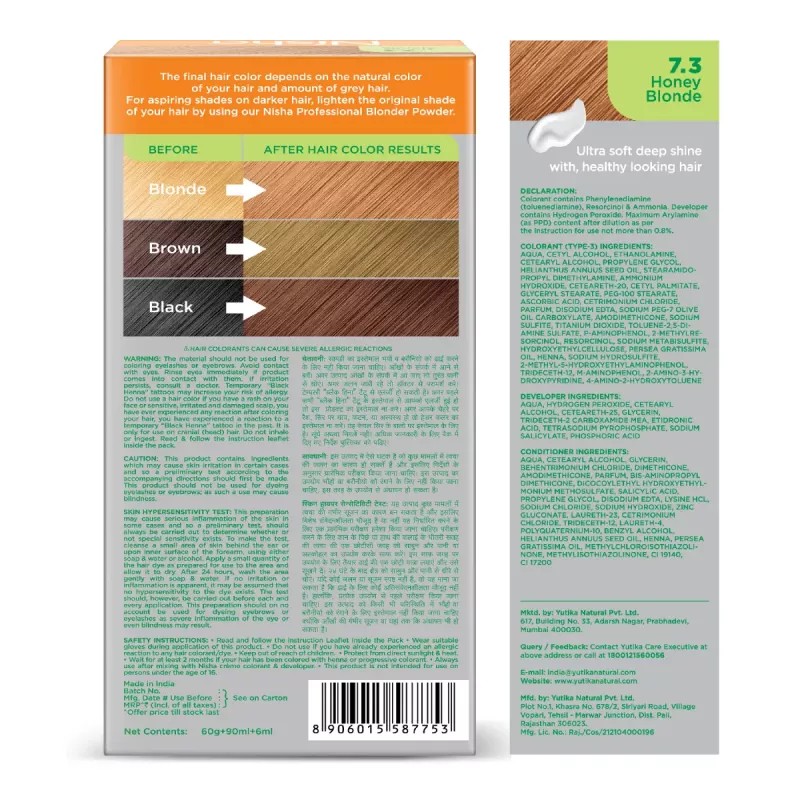 Nisha Creme Hair Color Combo Pack 7.3 Honey Blonde (150g Box, Colorant 90ml + Developer 60g + 6ml Conditioner) + (40g Pouch, Colorant 20ml + Developer 20g) (1Pack)