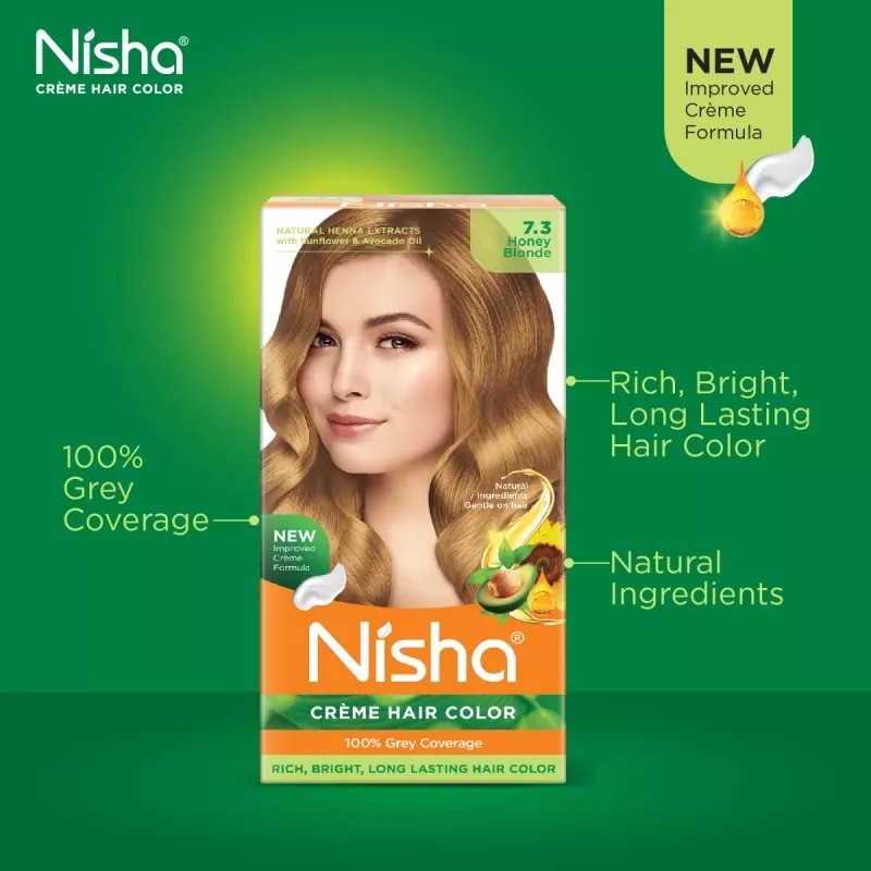 Nisha Creme Hair Color Combo Pack 7.3 Honey Blonde (150g Box, Colorant 90ml + Developer 60g + 6ml Conditioner) + (40g Pouch, Colorant 20ml + Developer 20g) (1Pack)