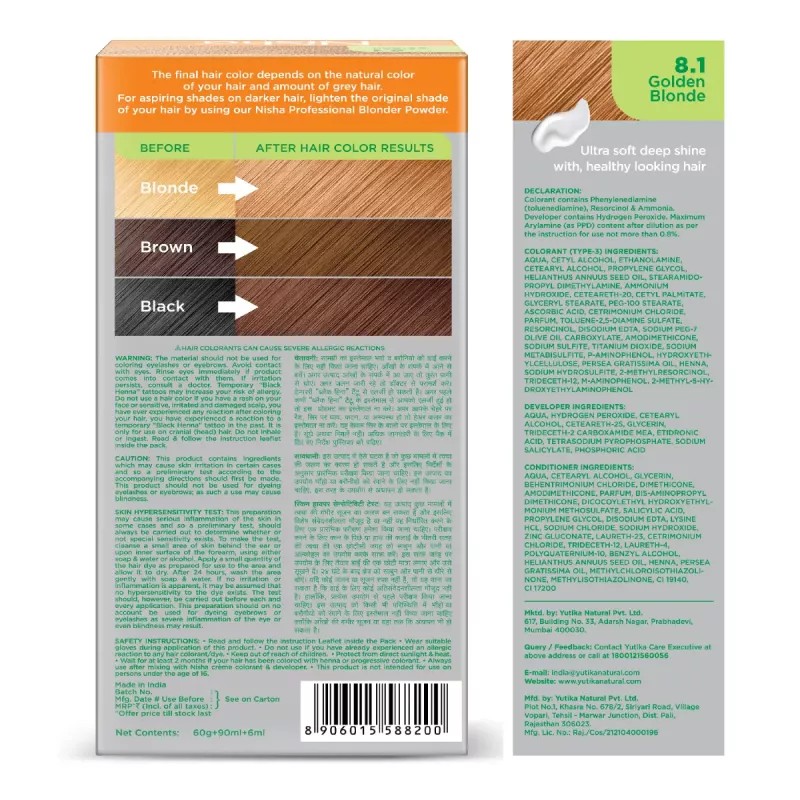 Nisha Creme Hair Color Combo Pack 8.1 Golden Blonde (150g Box, Colorant 90ml + Developer 60g + 6ml Conditioner) + (40g Pouch, Colorant 20ml + Developer 20g) (1Pack)