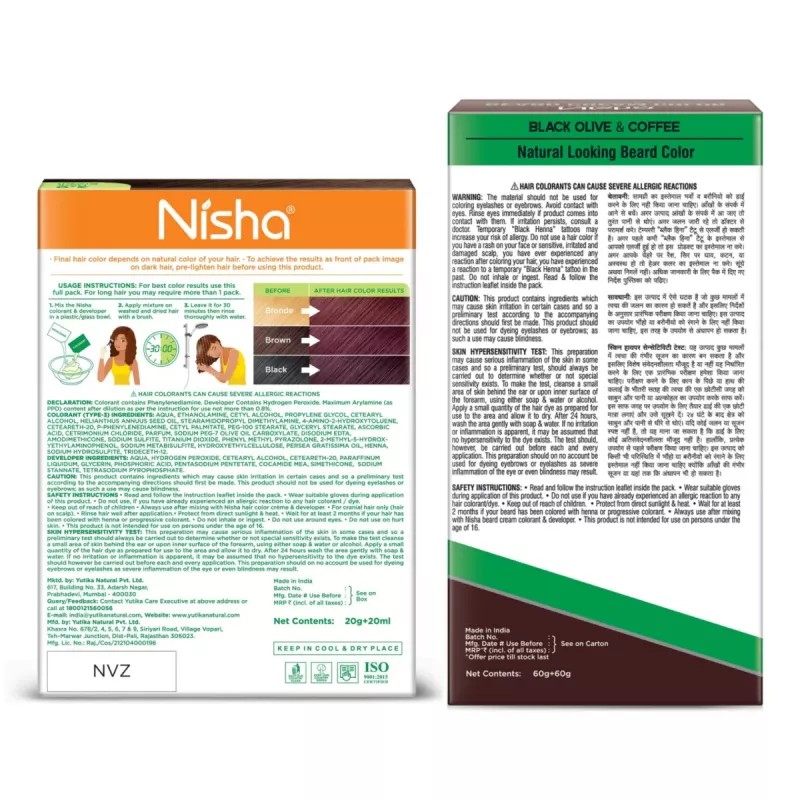 Nisha Hair Colour And Beard Color For Men Black Combo (Hair Color 40g + Beard Color 120g) (1Pack)