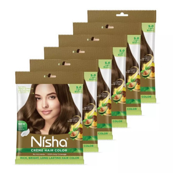 Nisha Creme Hair Color 5.0 Light Brown (Pouch Pack) (Colorant 20g + Developer 20ml) (1Pack, Pack of 6)