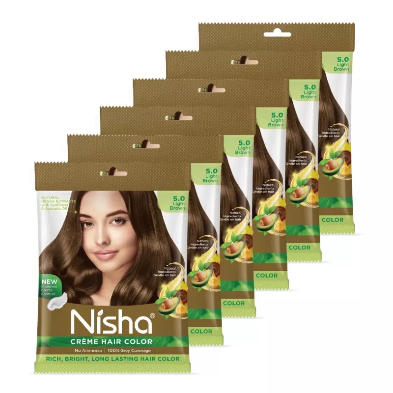 Nisha Creme Hair Color 5.0 Light Brown (Pouch Pack) (Colorant 20g + Developer 20ml) (1Pack, Pack of 6)