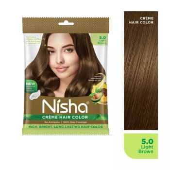 Nisha Creme Hair Color 5.0 Light Brown (Pouch Pack) (Colorant 20g + Developer 20ml) (1Pack, Pack of 6)