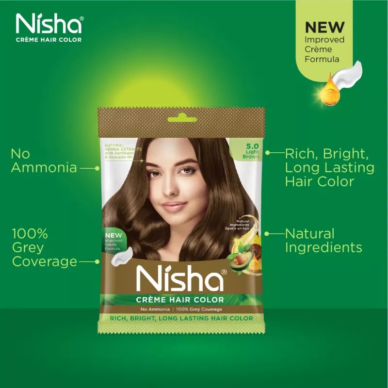 Nisha Creme Hair Color 5.0 Light Brown (Pouch Pack) (Colorant 20g + Developer 20ml) (1Pack, Pack of 6)
