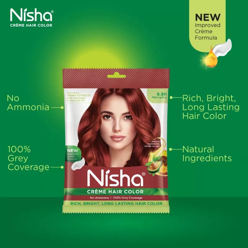 Nisha Creme Hair Color 5.50 Mahogany (Pouch Pack) (Colorant 20g + Developer 20ml) (1Pack, Pack of 6)