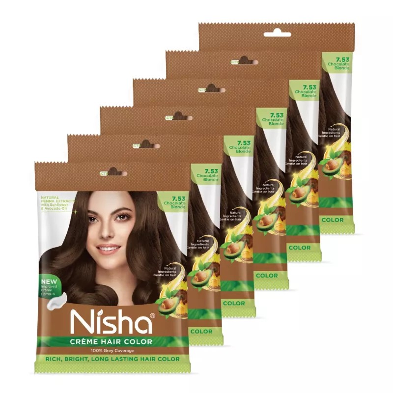 Nisha Creme Hair Color 7.53 Chocolate Blonde (Pouch Pack) (Colorant 20g + Developer 20ml) (1Pack, Pack of 6)