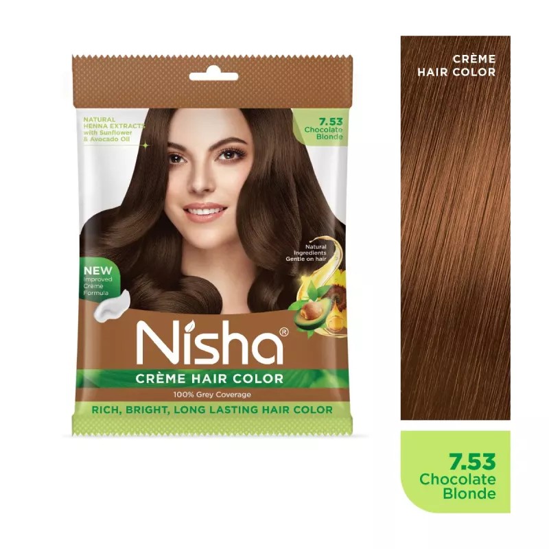 Nisha Creme Hair Color 7.53 Chocolate Blonde (Pouch Pack) (Colorant 20g + Developer 20ml) (1Pack, Pack of 6)