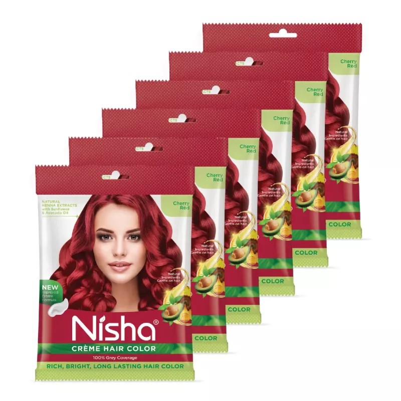 Nisha Creme Hair Color Cherry Red (Pouch Pack) (Colorant 20g + Developer 20ml) (1Pack, Pack of 6)