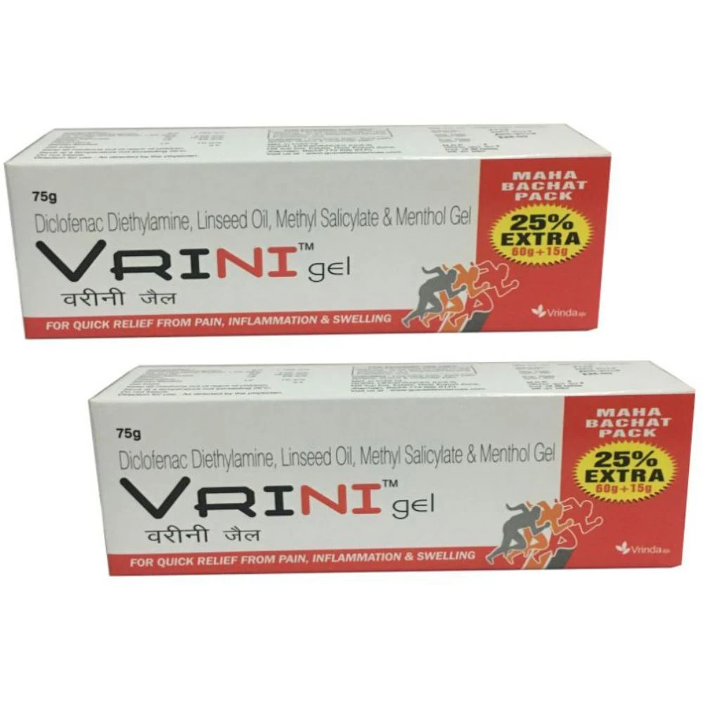 Vrinda Vrini Pain Relief Gel For Men & Women - Fast Pain Relief Gel - Quick Relief From Pain, Inflamation & Swelling (75g, Pack of 2)