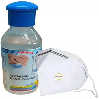 Akromed Hand Sanitizer Gel And AN95 Face Mask With Nose Pin 5 layer With Cotton Cloth Reusable (Sanitizer 120ml + 1 Mask) (1Pack)
