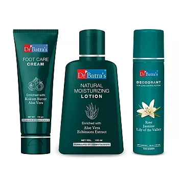 Dr Batras Natural Moisturizing Lotion, Deo For Women & Foot Care Cream Combo (Foot Cream 100g + Lotion 100ml + Deo 150ml) (1Pack)