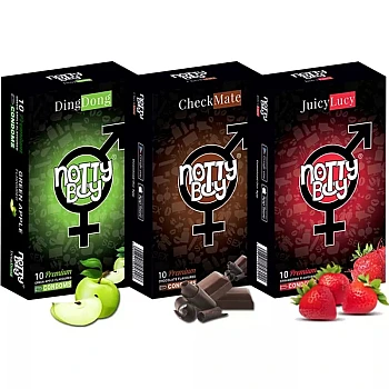 NottyBoy Ding Dong Green Apple + Check Mate Chocolate + Juicy Lucy Strawberry Flavoured Condoms (Each 10pcs) (1Pack)