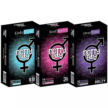 NottyBoy Kinky Winky Lubricated Latex + Sexometry Multi Textured + Over Time Lubricated Latex Condoms (Each 10 Pcs) (1Pack)