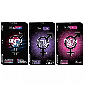 NottyBoy Bigg Bang Lubricated Latex + Over Time Lubricated Latex + Sexometry Multi Textured Condoms (Each 10 Pcs) (1Pack)