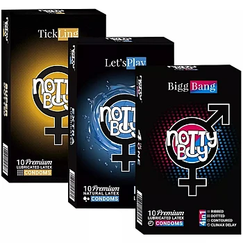 NottyBoy Tick Ling Lubricated Latex + Let's Play Natural Latex + Bigg Bang Lubricated Latex Condoms (Each 10 Pcs) (1Pack)