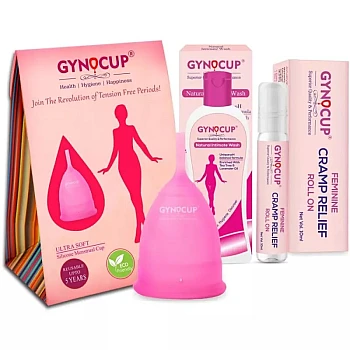 Gynocup Female Intimate Wash, Cramp Relief Roll On & Menstrual Cup (Large) Combo (Intimate Wash 100ml + Roll On 10ml + 1 Cup) (1Pack)
