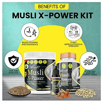 Divya Shree Musli X-Power Capsules + Musli X-Power Oil + Musli X-Power Prash (60Cap + Oil 30ml + Prash 200g) (1Pack)