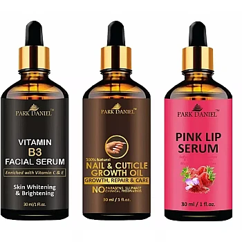 Park Daniel Vitamin B3 Facial Serum + 100% Natural Nail & Cuticle Growth Oil + Pink Lip Serum Combo (30ml Each) (1Pack)