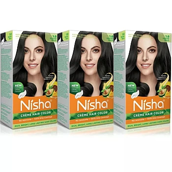 Nisha Creme Hair Color 1.0 Natural Black (Developer 60ml + Colorant Tube 60gm + Conditioner 6ml + Glove) (1Pack, Pack of 3)