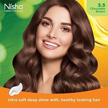 Nisha Creme Hair Color 3.5 Chocolate Brown (Developer 60ml + Colorant Tube 60gm + Conditioner 6ml + Glove) (1Pack)