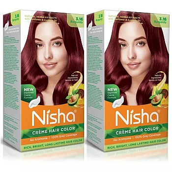 Nisha Creme Hair Color 3.16 Burgundy (Developer 60ml + Colorant Tube 60gm + Conditioner 6ml + Glove) (1Pack, Pack of 2)