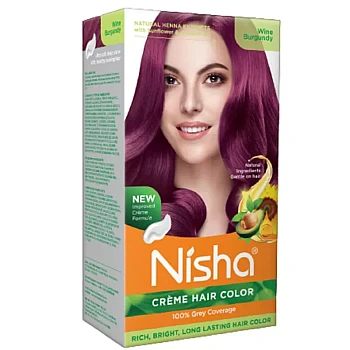 Nisha Creme Hair Color Wine Burgundy (Developer 60ml + Colorant Tube 60gm + Conditioner 6ml + Glove) (1Pack)