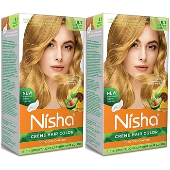 Nisha Creme Hair Color 8.1 Golden Blonde (Developer 60ml + Colorant Tube 60gm + Conditioner 6ml + Glove) (1Pack, Pack of 2)