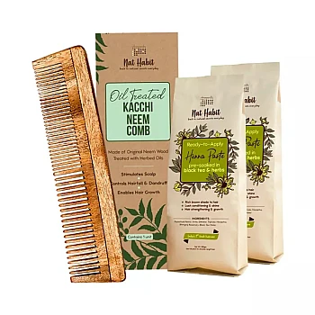 Nat Habit Dual Tooth Kacchi Neem Comb + Ready-To-Apply Hena Paste (Comb 1Pcs + 2 Pack Hena Paste Each 220g) (1Pack)