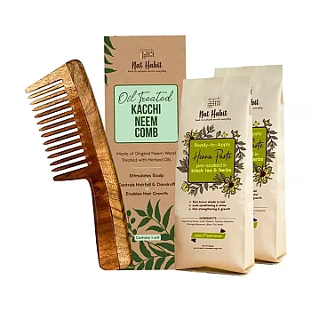 Nat Habit Wide Tooth Wooden Kacchi Neem Comb & Henna Paste Soaked (Comb 1Pcs + 2 Pack Paste Each 220g) (1Pack)