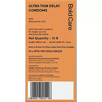 Bold Care Ultra Thin Condoms Delay With Benzocaine 4.5% (10units)