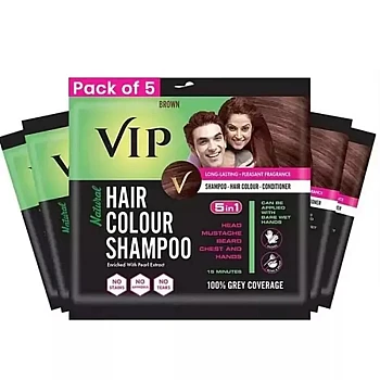 VIP Natural Hair Colour Shampoo Brown For Men And Women Shampoo (20ml, Pack of 5)