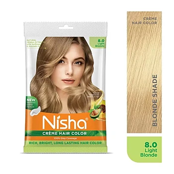 Nisha Creme Hair Color 8.0 Light Blonde (Pouch Pack) (Colorant 20g + Developer 20ml) (40g, Pack of 6)