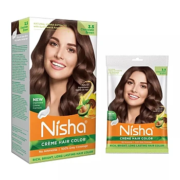 Nisha Creme Hair Color 3.5 Chocolate Brown Combo (Developer 60ml, Colorant Tube 60gm, Conditioner 6ml (Box) + 40gm Pouch) (1Pack)