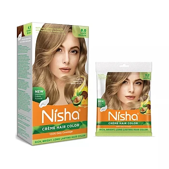 Nisha Creme Hair Color 8.0 Light Blonde Combo (Developer 90ml, Colorant Tube 60gm, Conditioner 6ml (Box) + 40gm Pouch) (1Pack)