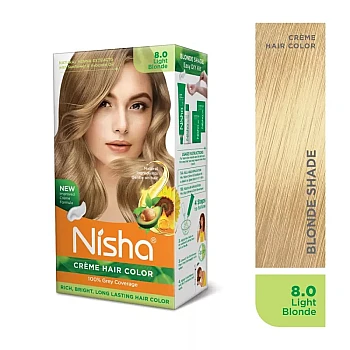Nisha Creme Hair Color 8.0 Light Blonde Combo (Developer 90ml, Colorant Tube 60gm, Conditioner 6ml (Box) + 40gm Pouch) (1Pack)